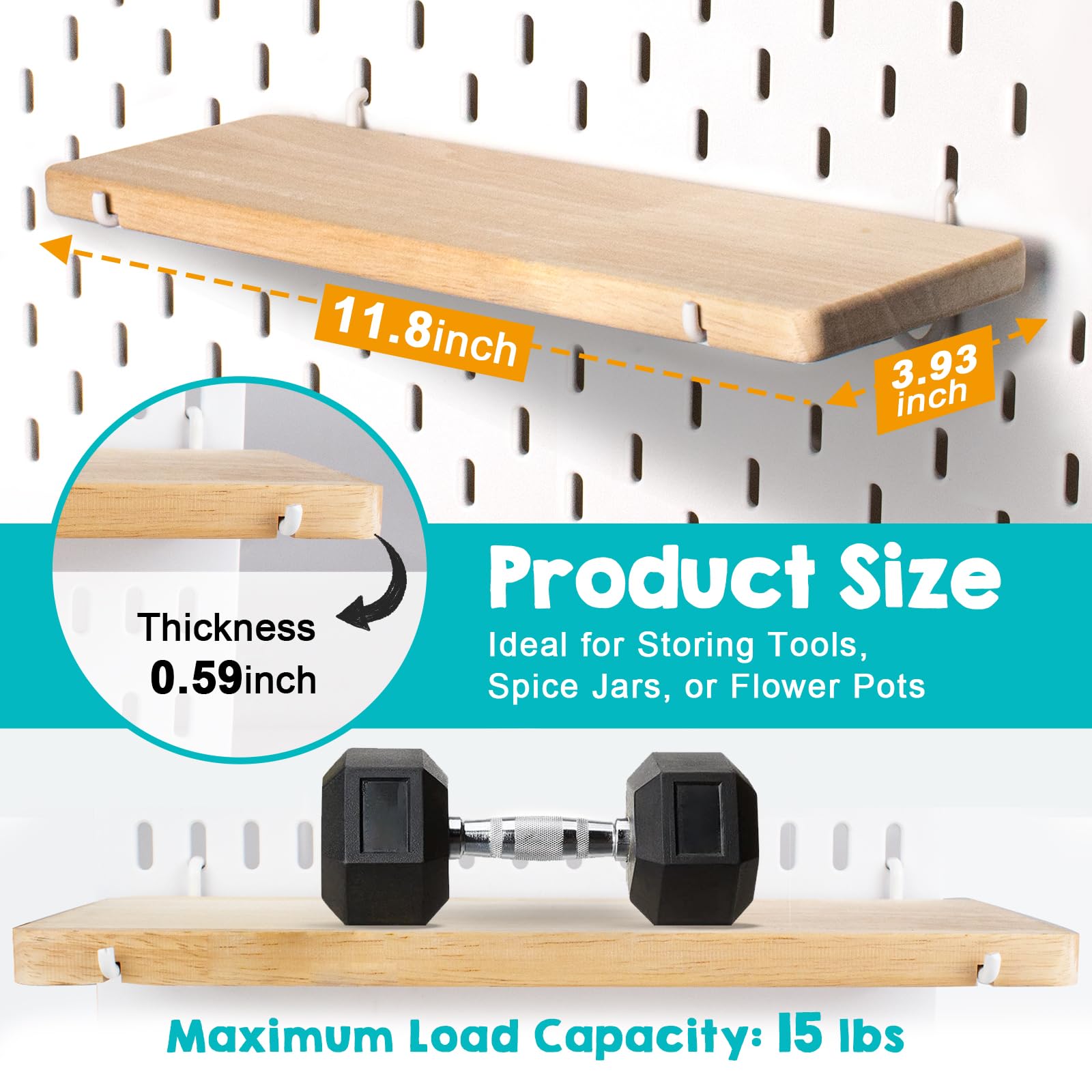 SEMPOMA 2 Pack Pegboard Shelves, Solid Wood Wall Shelf with Hooks, Compatible with IKEA Skadis Pegboard - Image 3