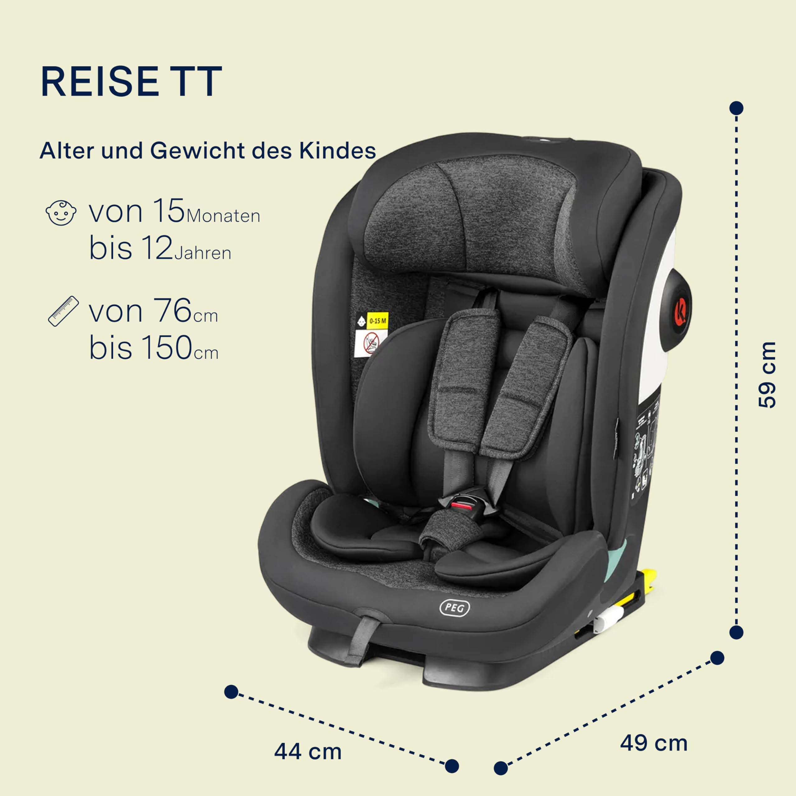 PEG VIAGGIO TT Evolutiver und neigungsverstellbarer i-Size-Autositz, zugelassen für Kinder von 76 bis 150 cm Körpergröße (ca. 15 Monate bis 12 Jahre).