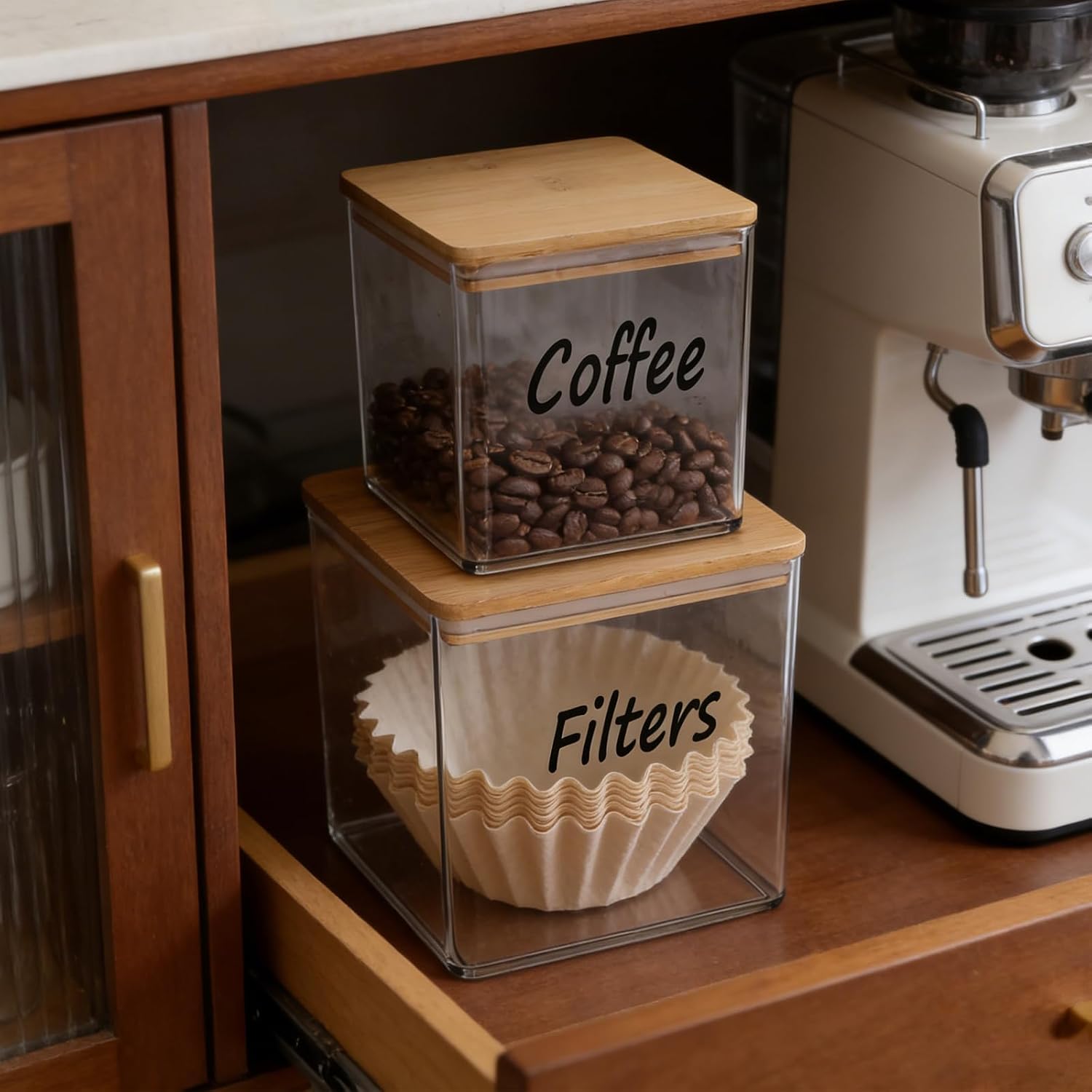 Coffee Bar Organizer Set, 2 Pack Clear PET Coffee Filter Holder and Bean Canister with Bamboo Lids, Airtight Storage Containers for Serve Pods, Tea Bags, Sugar Packets, Countertop