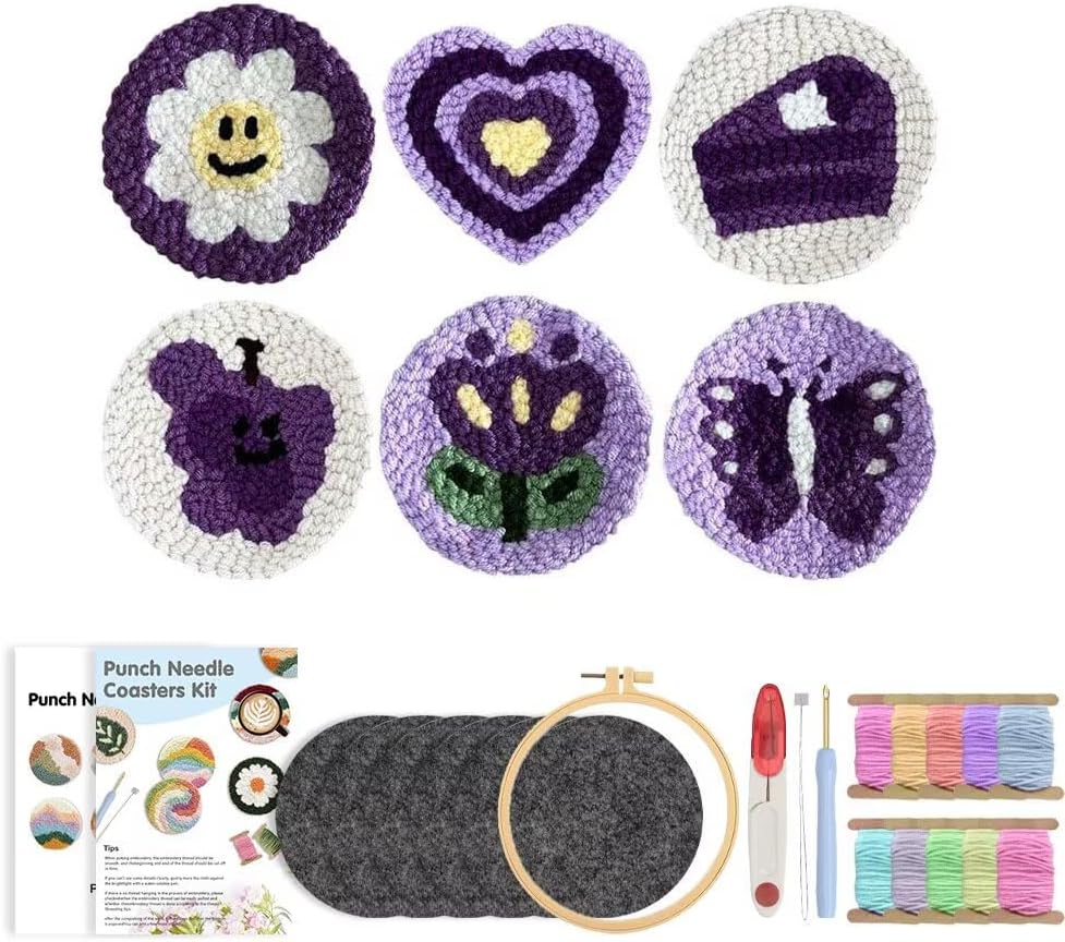 Punch Needle Coaster Kit 6 Patterns Sunflowers Tufted Rug Pads, DIY Needle Punch Coaster Kit for Adults Beginners with Adhesive Felt Yarns Embroidery Hoop Tools Instruction