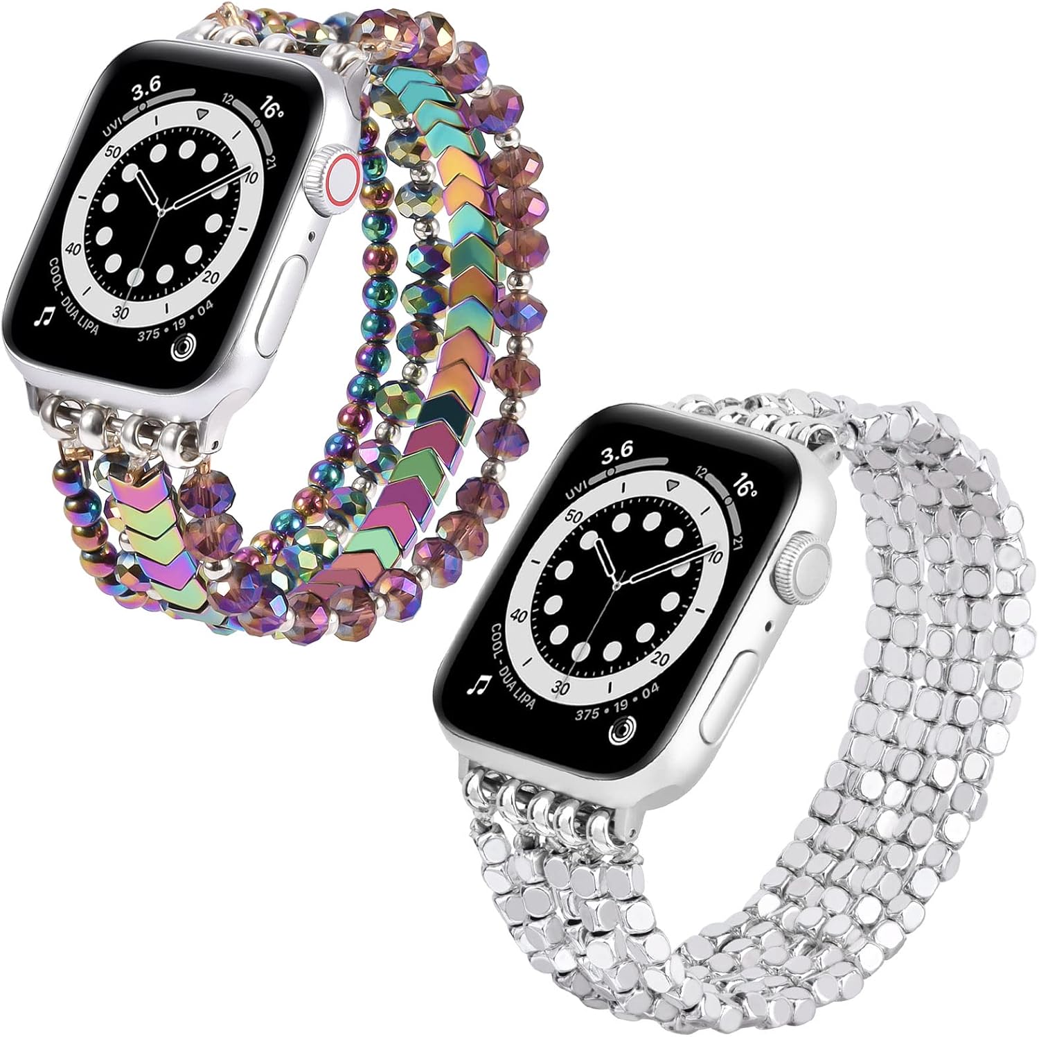 MOFREE Colorful Arrow Beaded & Sliver Beaded Bracelet Compatible for Apple Watch Band 40mm/38mm/41mm Series 7/SE/6/5/4/3/2/1 Women Fashion Handmade Elastic Stretch Strap for iWatch Bands