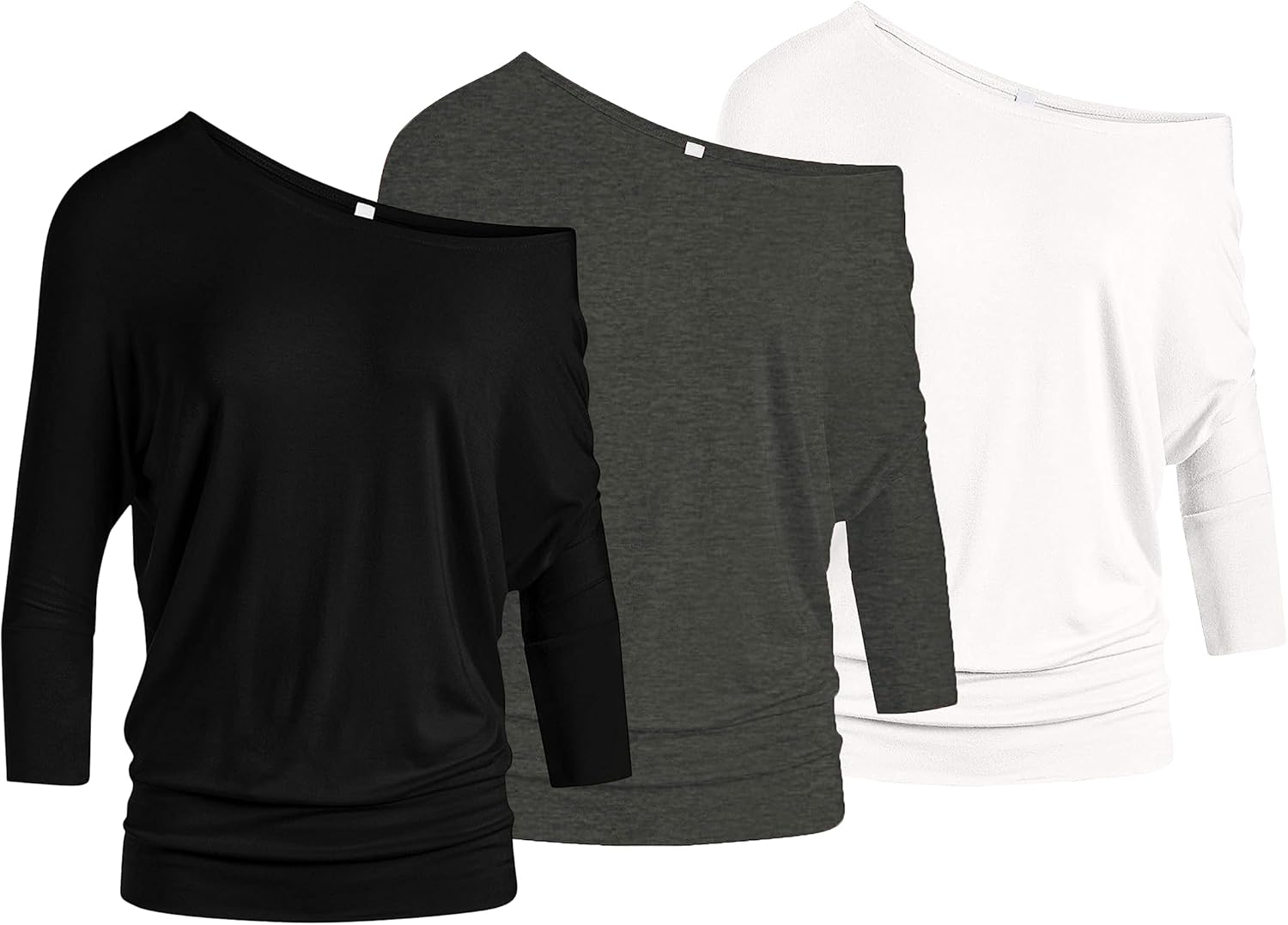 3 Pack Dolman Tops for Women Off The Shoulder Tops Banded Waistband Shirts 3/4 Sleeves Regular and Plus Size Tops Value Pack
