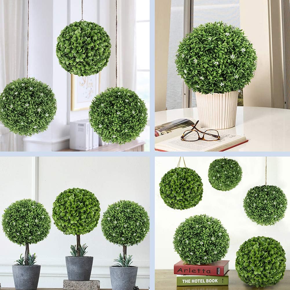 15'' Artificial Boxwood Topiary Ball, Indoor Outdoor Artificial Plant Ball Wedding Party Decoration (15‘’, Ball with White Flower) -