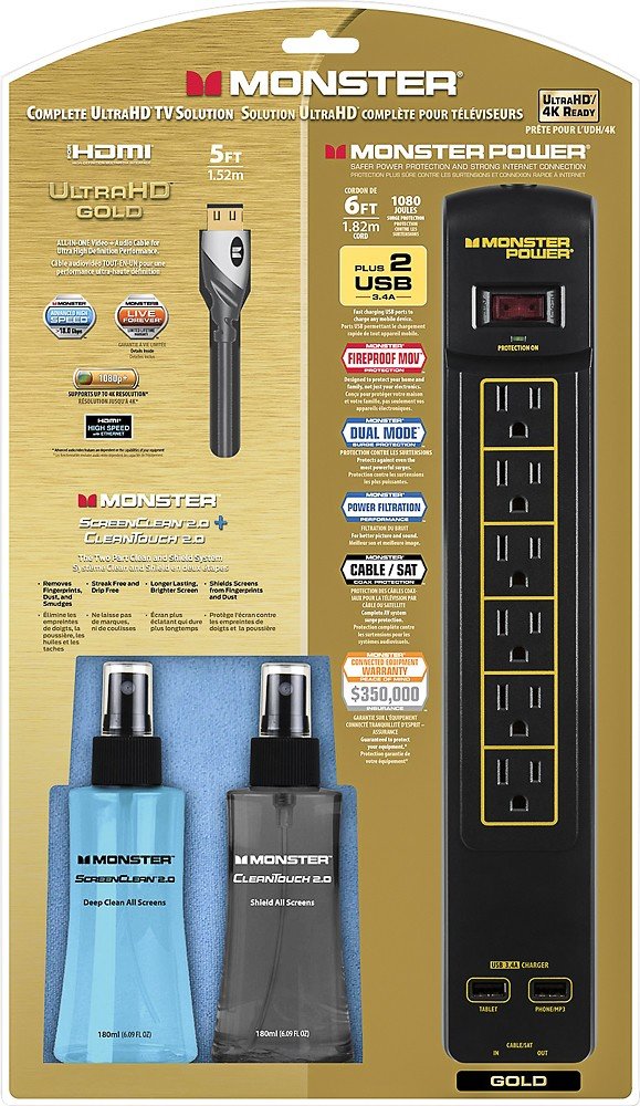 Monster - Gold Home Theater Kit Black/Gold- 1080 Jules surge power , Gold High Speed HDMI, ScreenClean, CleanTouch