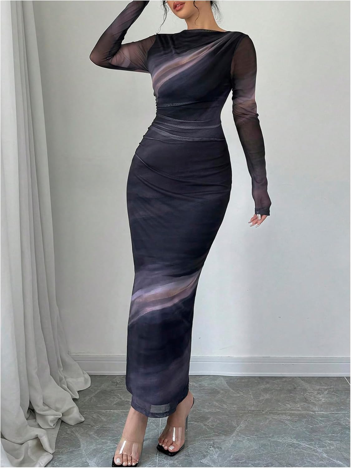 Milumia Women's Tie Dye Boat Neck Long Sleeve Fall Dress Ruched Bodycon Maxi Slimming Dresses Cocktail Party - Image 3