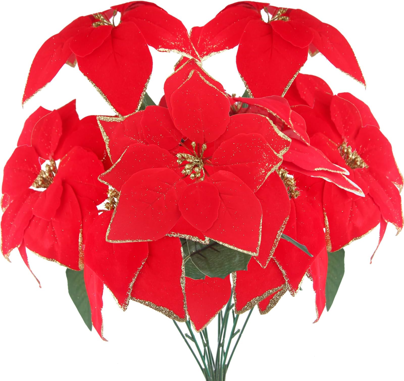 2 Pcs Poinsettias Artificial Christmas Flowers Red Poinsettia Bushes with Glitter Gold Ornaments Fake Silk Poinsettia Flowers Velvet Bouquet for Home Xmas Tree Table Centerpiece Holiday