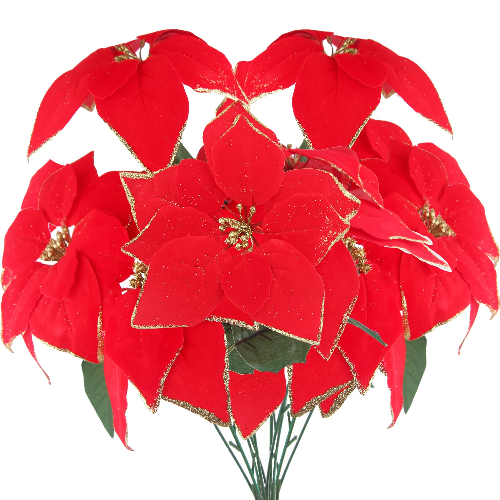 2 Pcs Poinsettias Artificial Christmas Flowers Red Poinsettia Bushes with Glitter Gold Ornaments Fake Silk Poinsettia Flowers Velvet Bouquet for Home Xmas Tree Table Centerpiece Holiday
