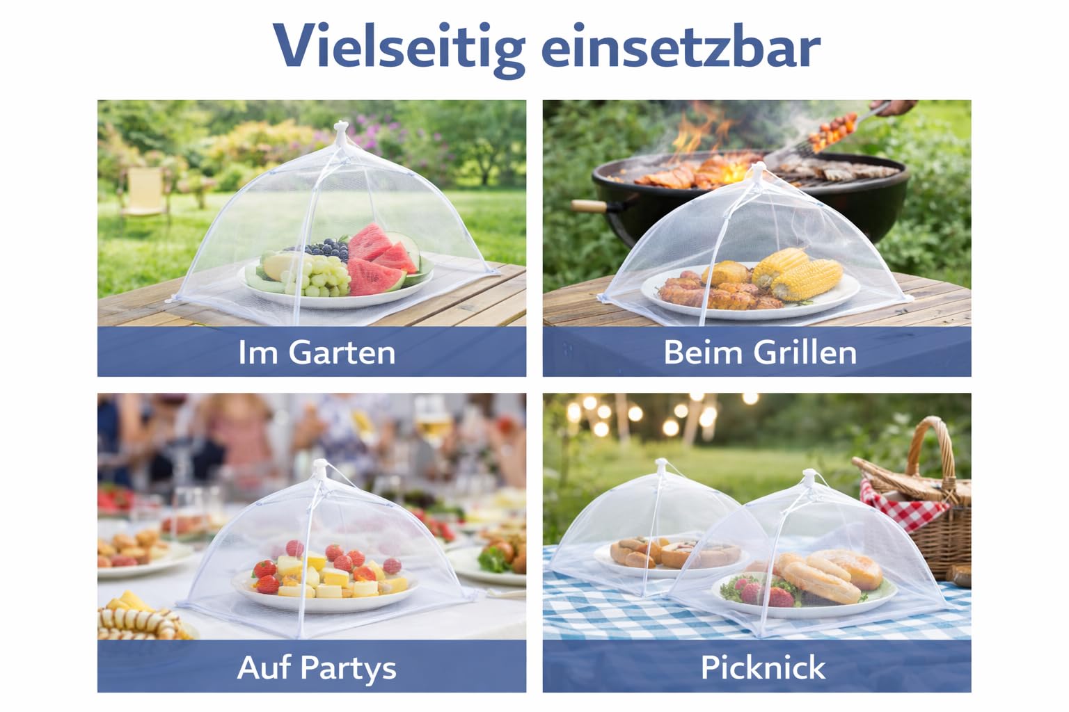 RHP Fliegenhaube XXL 4er Set Abdeckhaube für Essen, Faltbare Kuchenabdeckung Fliegenschirm Lebensmittel Abdeckung, Perfekter Fliegen-Schutz für Essen, Obst, Picknick, BBQ, 45x45x30 cm, Weiß