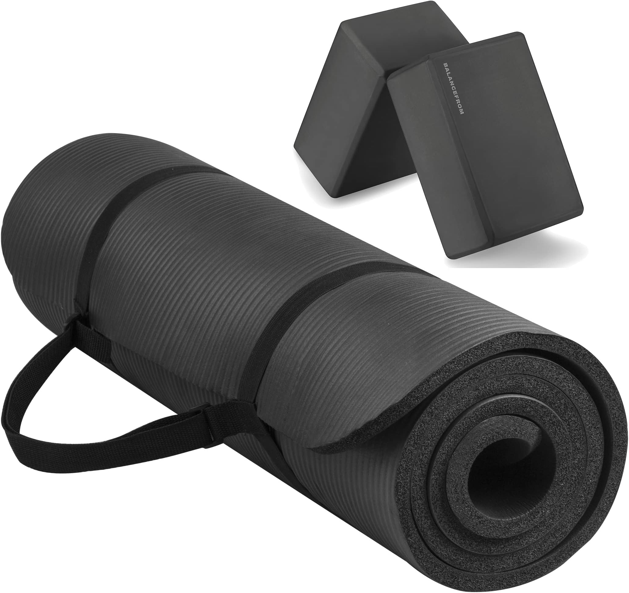 Signature Fitness All Purpose 1/2-Inch Extra Thick High Density Anti-Tear Exercise Yoga Mat with Carrying Strap with Optional Yoga Blocks, Multiple Colors