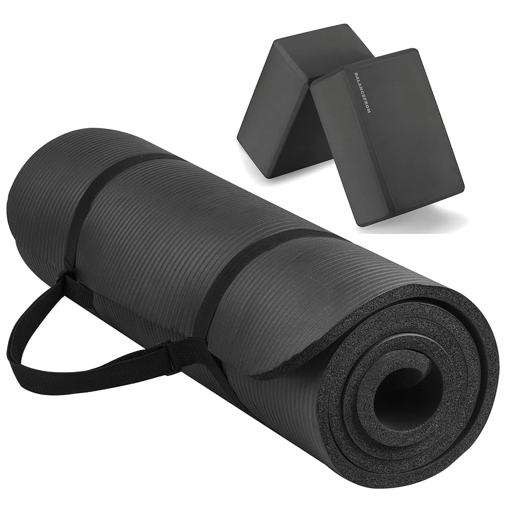 Fitvids All Purpose 1/2-Inch Extra Thick High Density Anti-Tear Exercise Yoga Mat with Carrying Strap and Yoga Blocks, Black