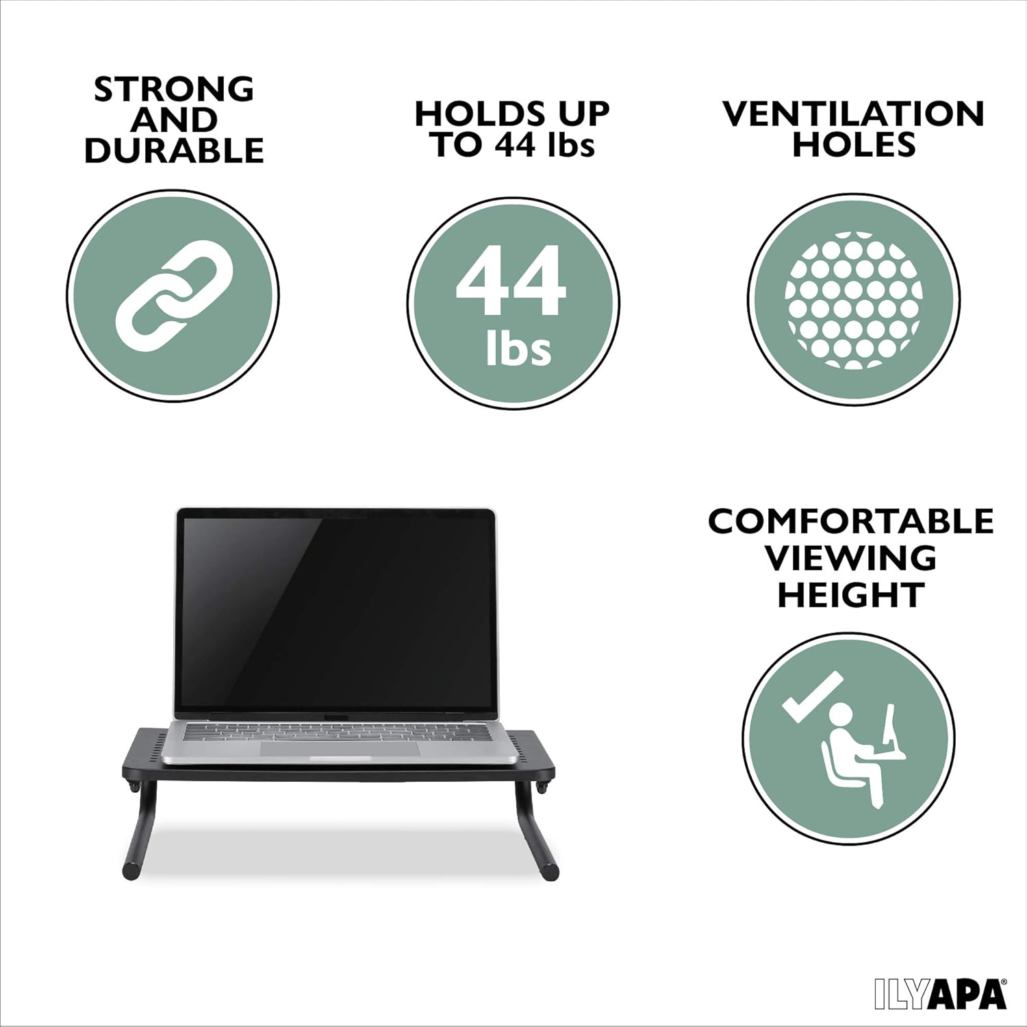 Ilyapa lyapa Monitor Stand Riser for Laptop Computer - 2 Pack Black Vented Desktop Riser with Underneath Storage for Home Office PC, Printer, TV, Phone