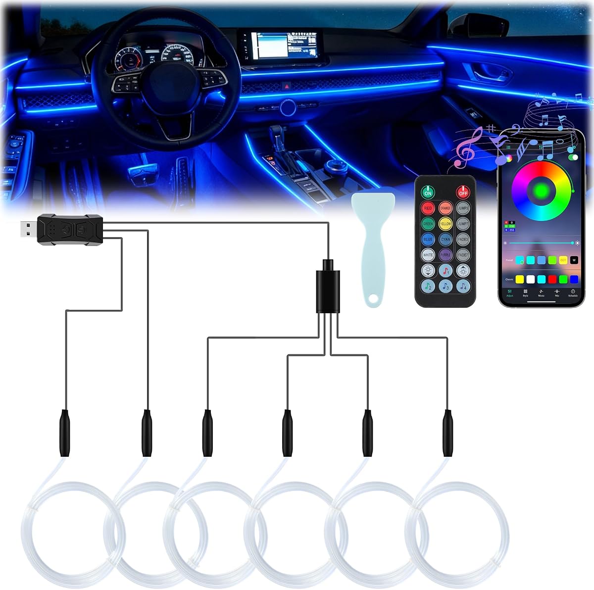 Smart Car LED Interior Lights with USB Port, LED Strip Fiber Optic Lights, Wireless App and Remote Control, Sync to Music, Car Accessories Gifts for Women and Men, 6 in 1