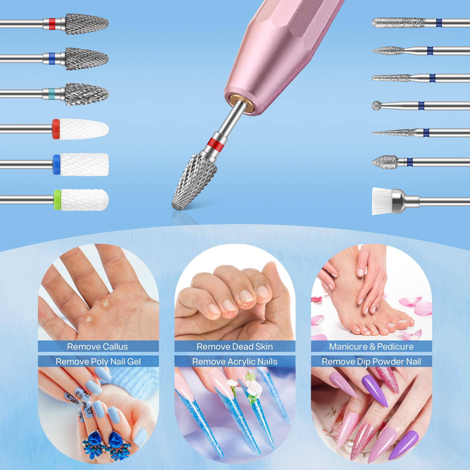 MAQUITA 13 pezzi punta levigatrice unghie professionale - 3/32" punte per unghie Set carburo, ceramica e tungsteno, adatto alla maggior parte delle levigatrici per unghie, per manicure e pedicure