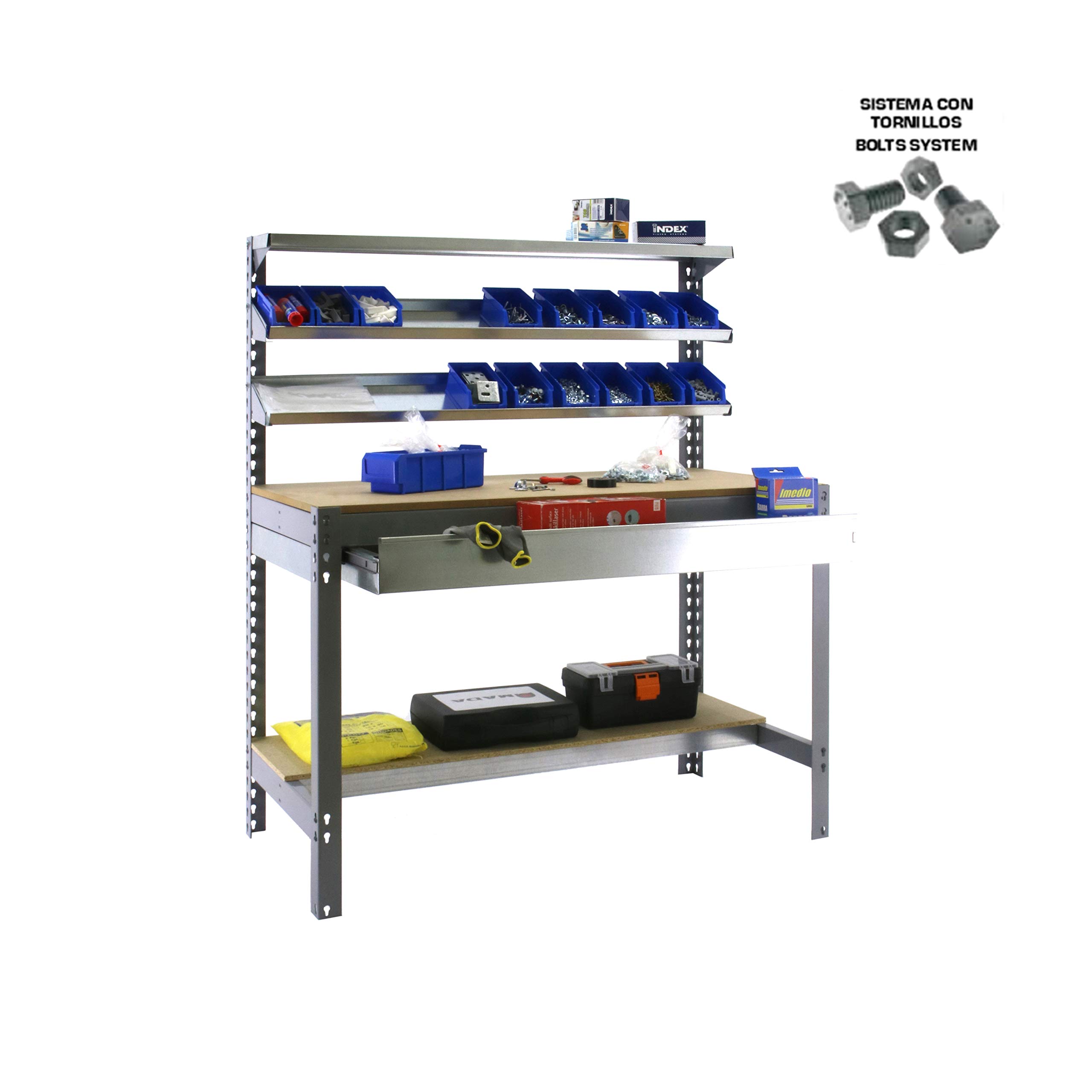 Simon Rack Banco de Trabajo con 3 repisas y cajón 910x610 mm - BT1 | Capacidad Carga 400 kg, Pintura anticorrosión, Gris , Montaje sistema clic