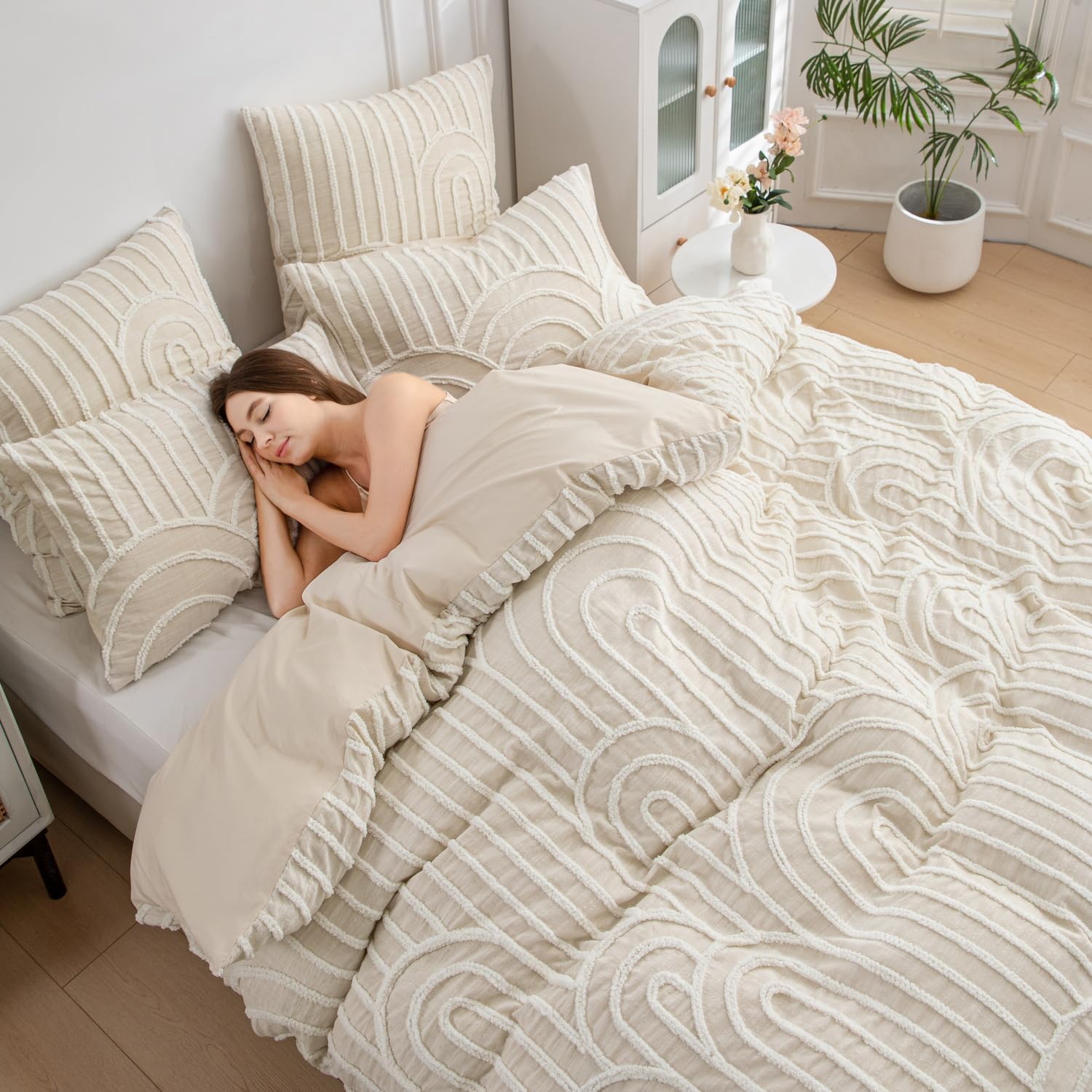 Exclusively Tufted Duvet Cover Set 3 Pieces, Premium Women's Wear Fabrics,100% Textured Cotton in Organic Linen Look (Beige, Queen (U.S. Standard))