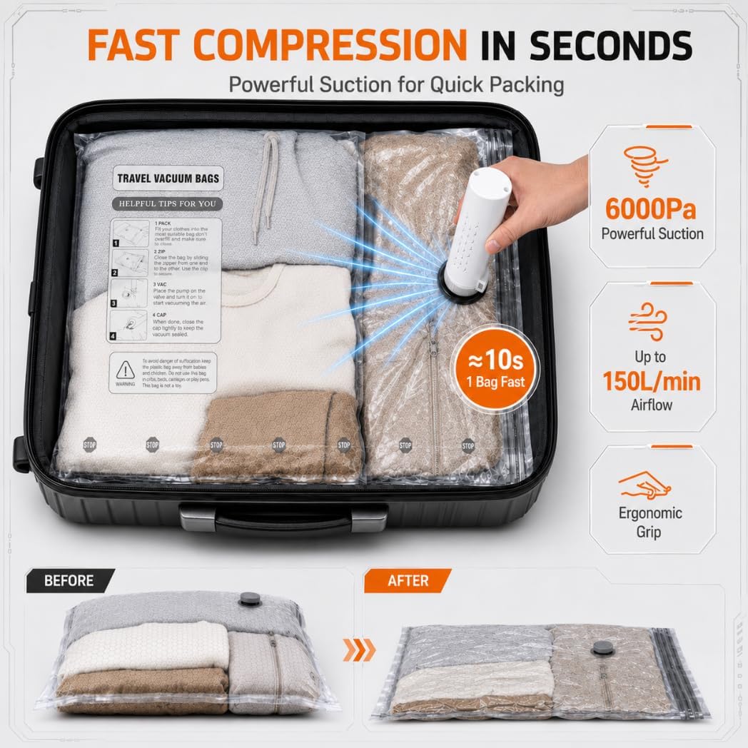 15 Pack Vacuum Storage Bags with Cordless Rechargeable Vacuum Pump, Travel Essentials Vacuum Seal Bags for Clothing, Compression Packing Cubes, Cordless Travel Vacuum Bag Set
