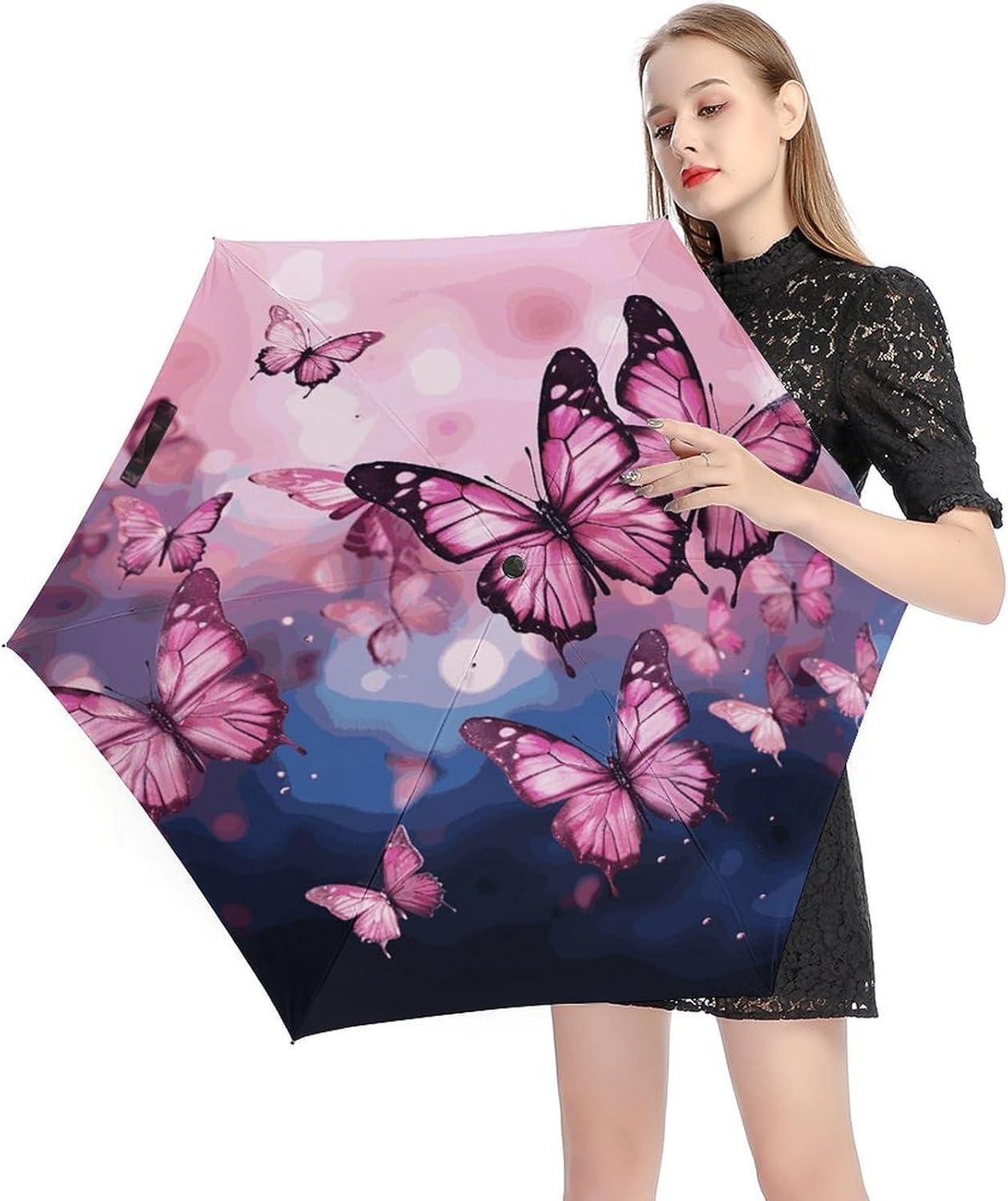 Pink Butterflies Umbrella, Strongest Windproof 5-Fold Travel Umbrellas, Premium Portable Folding Umbrella for Rain & Sun, Compact Umbrellas for Purse Backpack, Outdoor & Gifts