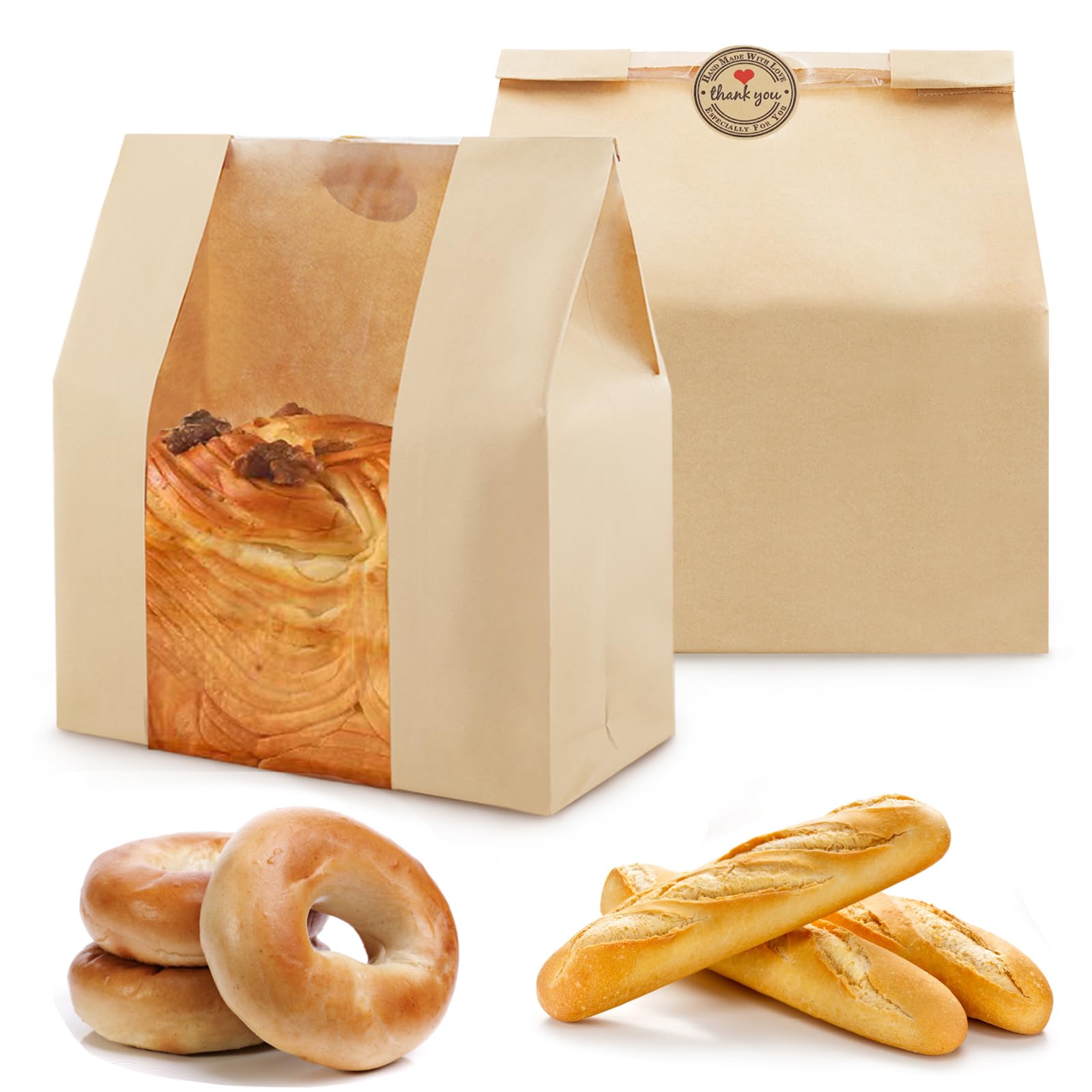 100 Pcs Paper Bread Bags for Homemade Bread, Paper Bakery Bag for Baked Food Packaging Storage, Large Kraft Paper Bread Loaf Bag with Window Label