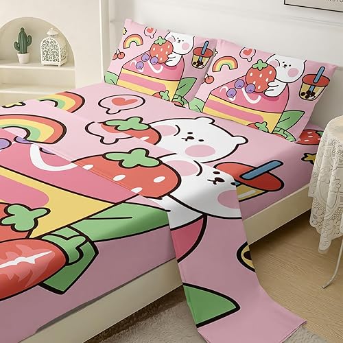 Miniatura 4 de QOOMO Kawaii Bear - Juego de sábanas para niños, tamaño Queen, con bolsillo profundo de 16 pulgadas, diseño de fresa, juego de sábanas impresas de