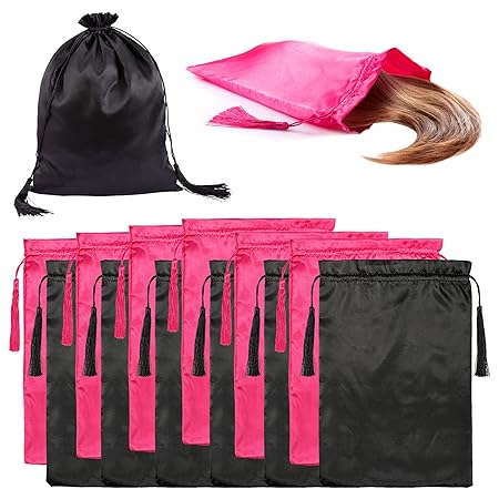 12 Pcs 16? x 12? Silky Satin Wig Bags- Soft Wig Tool Storage Pouches with Drawstring Tassel Packaging Hair Extensions & Wigs & Bundles Portable Gift Container for Home Salon Travel Use (Rose Red & Black)