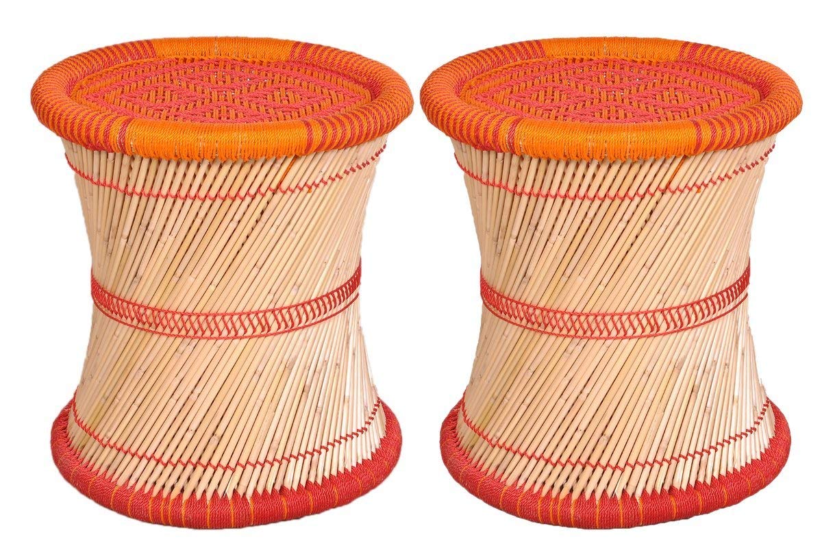 Bamboo Cane Round Stool for Balcony & Terrace | Sturdy Wicker Stool Jute Wicker Ottoman | Rattan Mudda for Cafe Restaurants Hotel | Home & Garden | (Handmade Eco-Friendly)-Pack of 02 (Red)-image-8