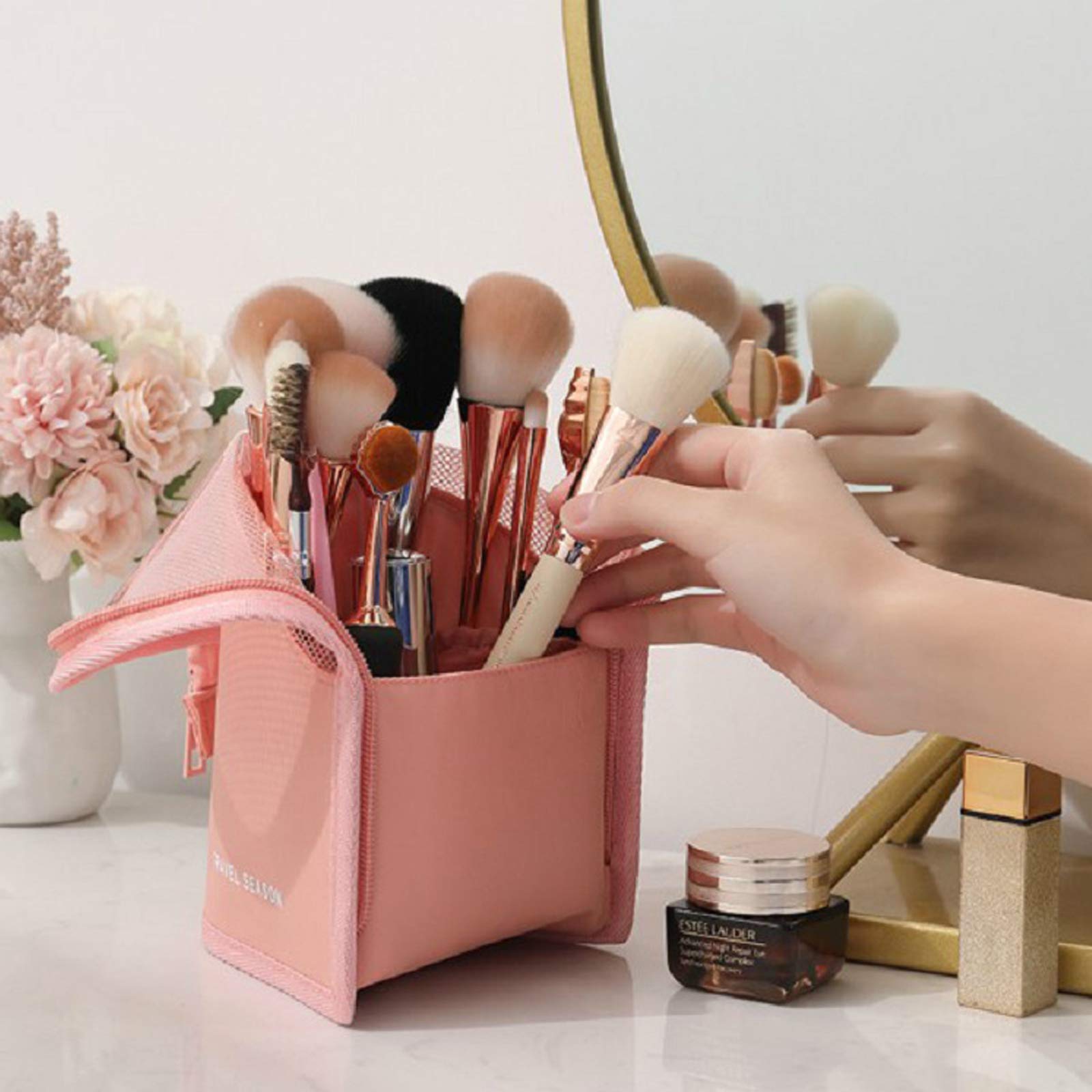 Sac De Pinceau Maquillage Porte Pinceau de Voyage Multifonctionnel Sac pinceaux cosmétique translucide Porte-Pinceau Maquillage Étanche Fermeture éclair Debout Cosmétique Brosse Poche Crayon Boîte