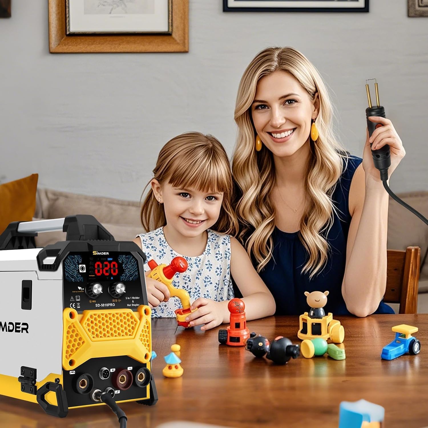 Close-up of the SSIMDER welder's LCD screen showing various mode indicators and digital readouts for voltage and amperage.