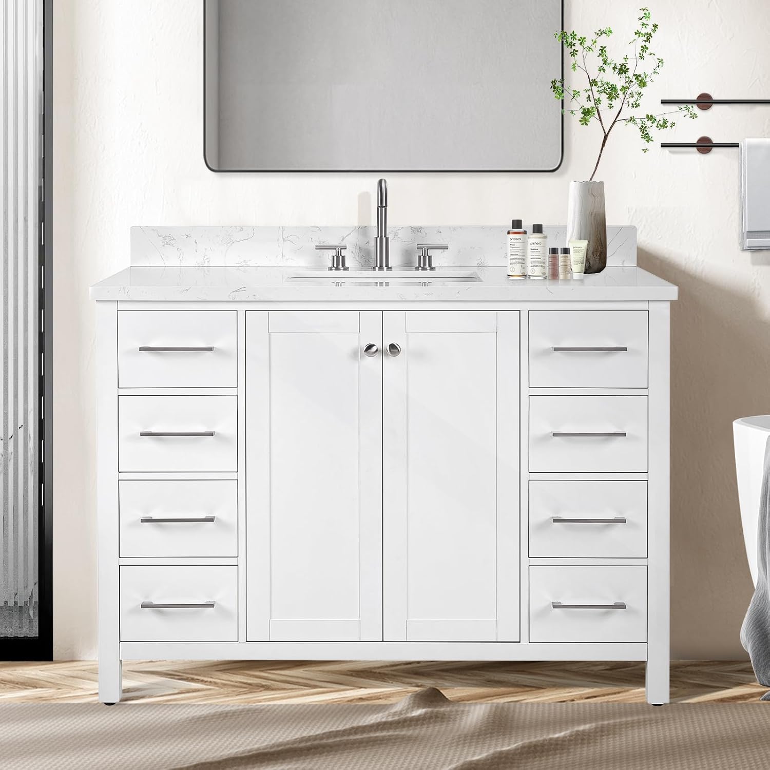 48’’White Bathroom Vanity with Sink,Solid Wood Bathroom Cabinet with Carrara White Quartz Countertop & Backsplash, Center Rectangular Sink,2 Soft Closing Doors & 8 Full Extension Drawers