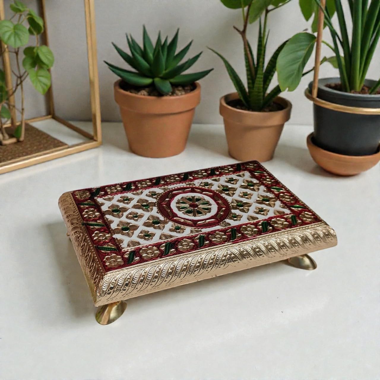 Decorative Meenakari Chowki, Brass Finish with Footed Base, Traditional Indian Design, Maroon and White Pattern