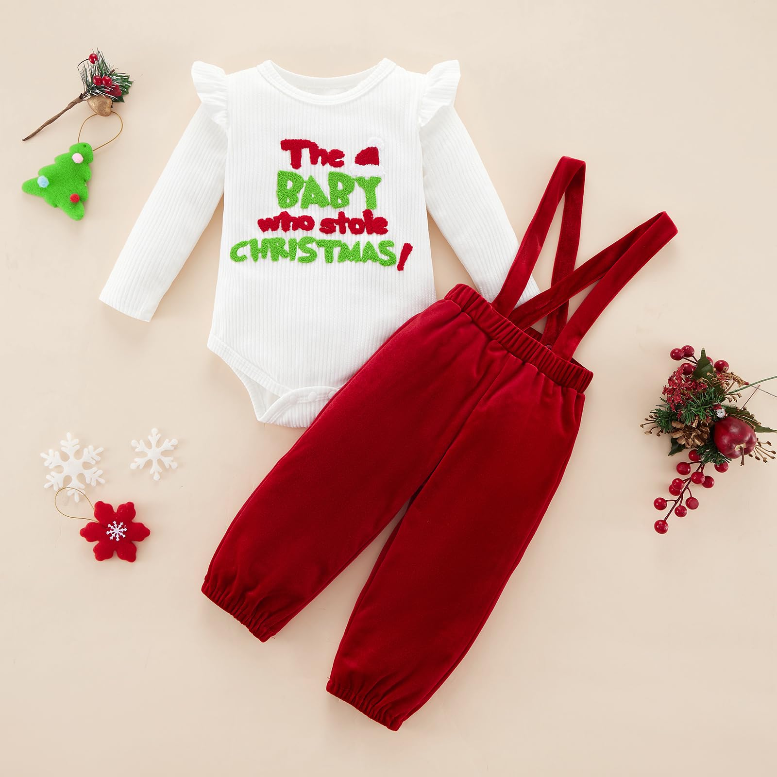 Ninobebe Newborn Baby Girl Christmas Outfit The Baby Who Stole Christmas Romper Suspender Pant Set Fall Winter Clothes 6-12 Months