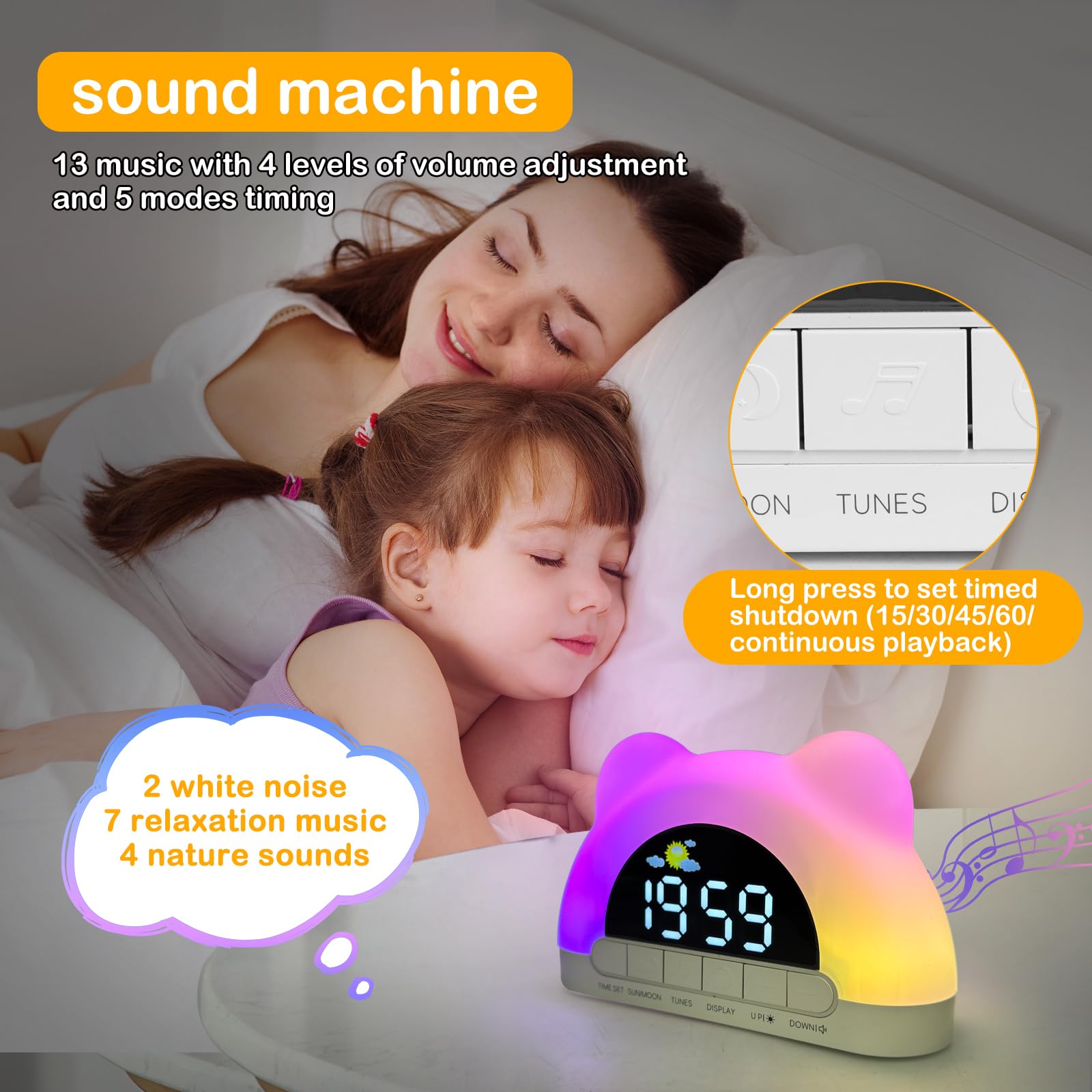 Seutgjie Réveil Ado Fille, Réveils Lumineux pour Enfants avec Entraîneur de Sommeil Machine à Sons 2 Alarmes Mode Snooze 12/24 Heures avec Port USB pour Garçons Fille