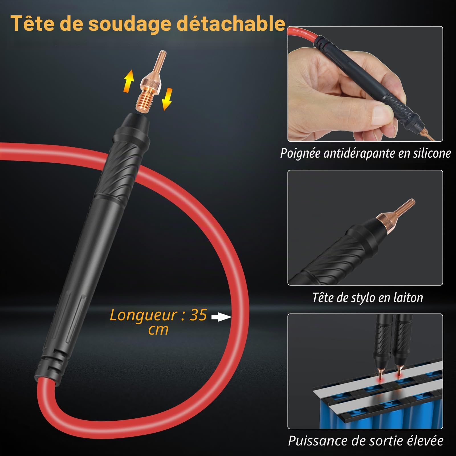 Poste à souder par points pour batteries, spot portable 5000 mAh avec courant de soudage 1200 A, tête de broche en laiton amovible, 0,1-0,25 mm nickel/fer/acier inoxydable/tôle d'aluminium