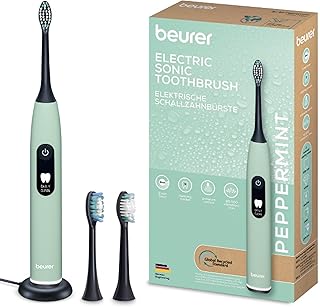 Beurer SC 50 Schallzahnbürste, elektrische Zahnbürste mit 5 Putzmodi & Andrucksensor, 80.000 Schwingungen, Display mit Putzdauer-Anzeige, inkl. 2 Aufsteckbürsten, 100% recyceltes Gehäuse (Peppermint)