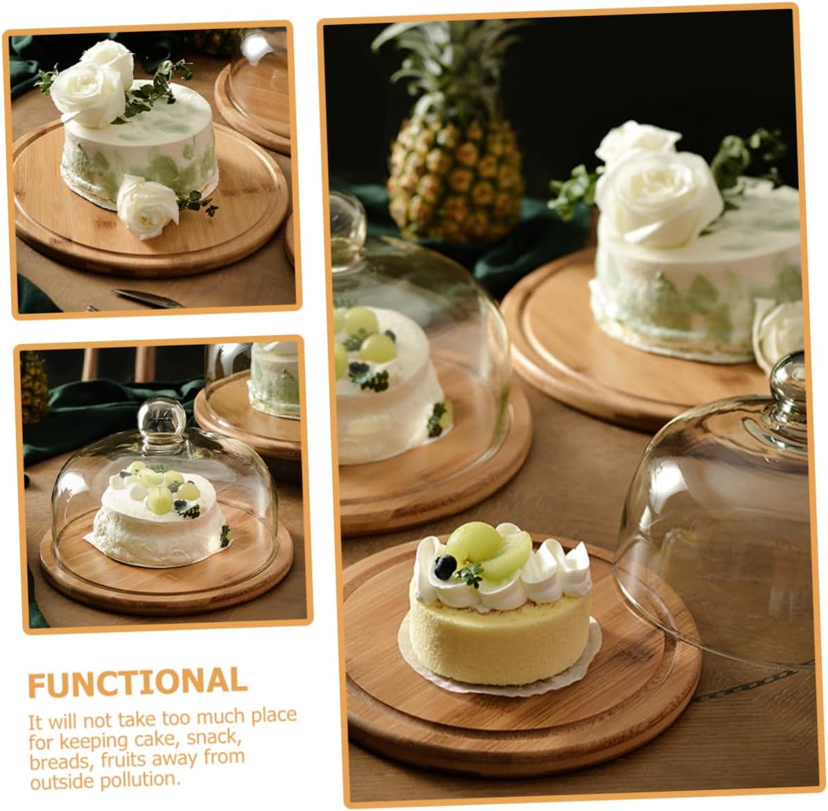 1Set Food Protector Glass Dome with Wooden Tray Multi Use Dessert Cover for Cakes Snacks Fruits for Parties Buffets Weddings