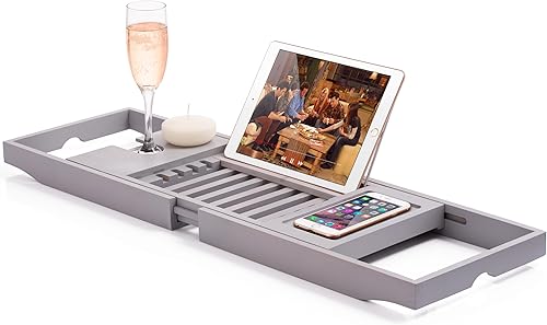 Miniatura 34 de Bandeja de madera para bañera – Bandeja de baño de bambú plegable y expandible para bañera con soporte para vino, soporte para libros y tabletas