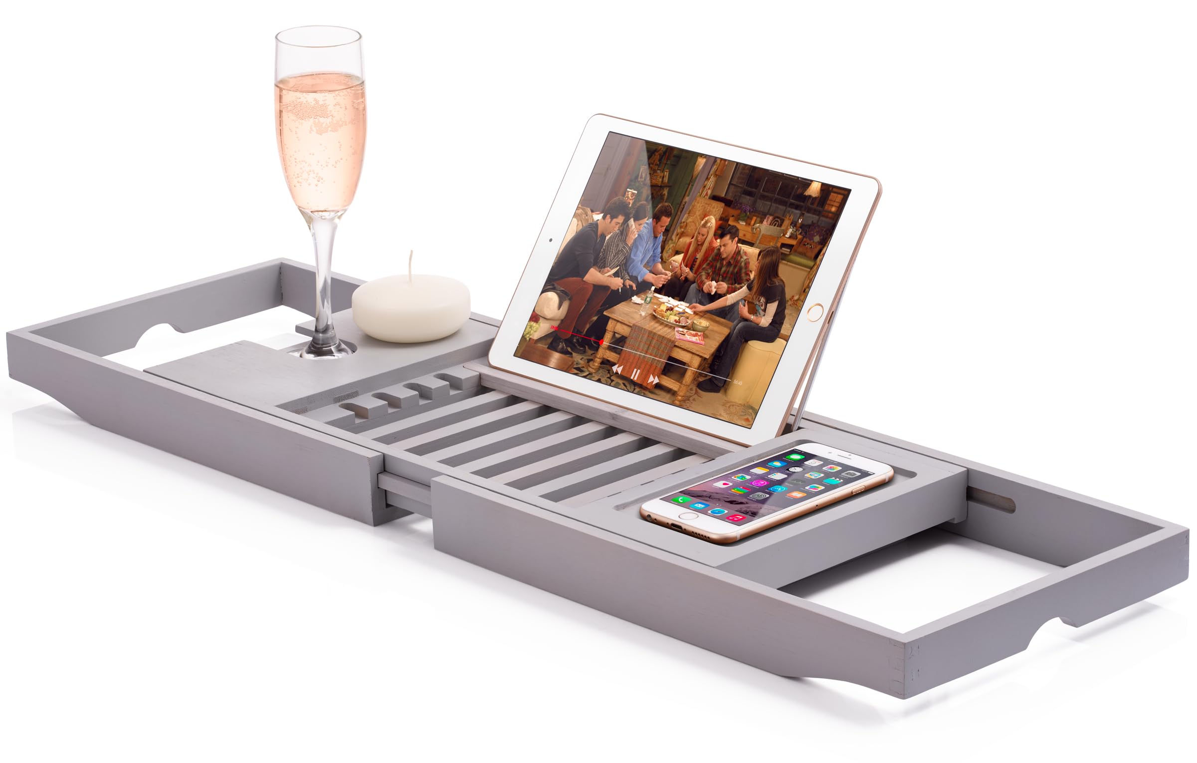 Bamboo Bathtub Caddy Tray - Expandable Waterproof Spa Bath Tray with Wine Glass Holder, Book/Tablet Stand, and Phone Slot - Non-Slip, Adjustable Handles for Most Tubs (Gray)