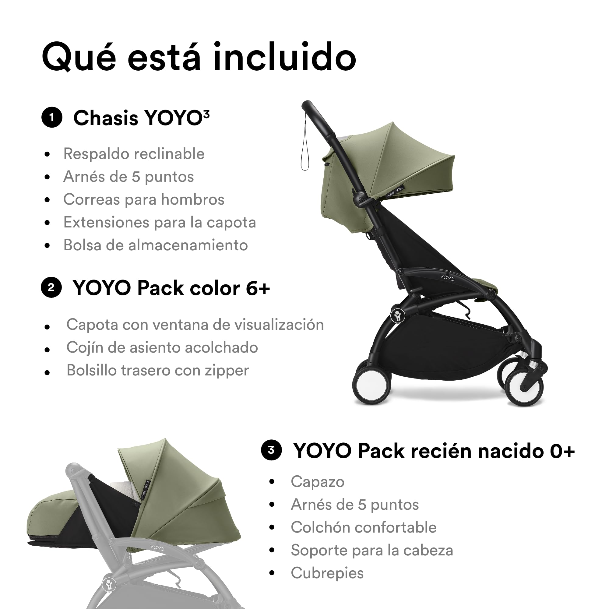 Cochecito YOYO3 de Stokke con Pack para Recién Nacido: Incluye chasis en negro, pack color 6+ para YOYO (Olive) y pack para recién nacidos 0+ (Olive)