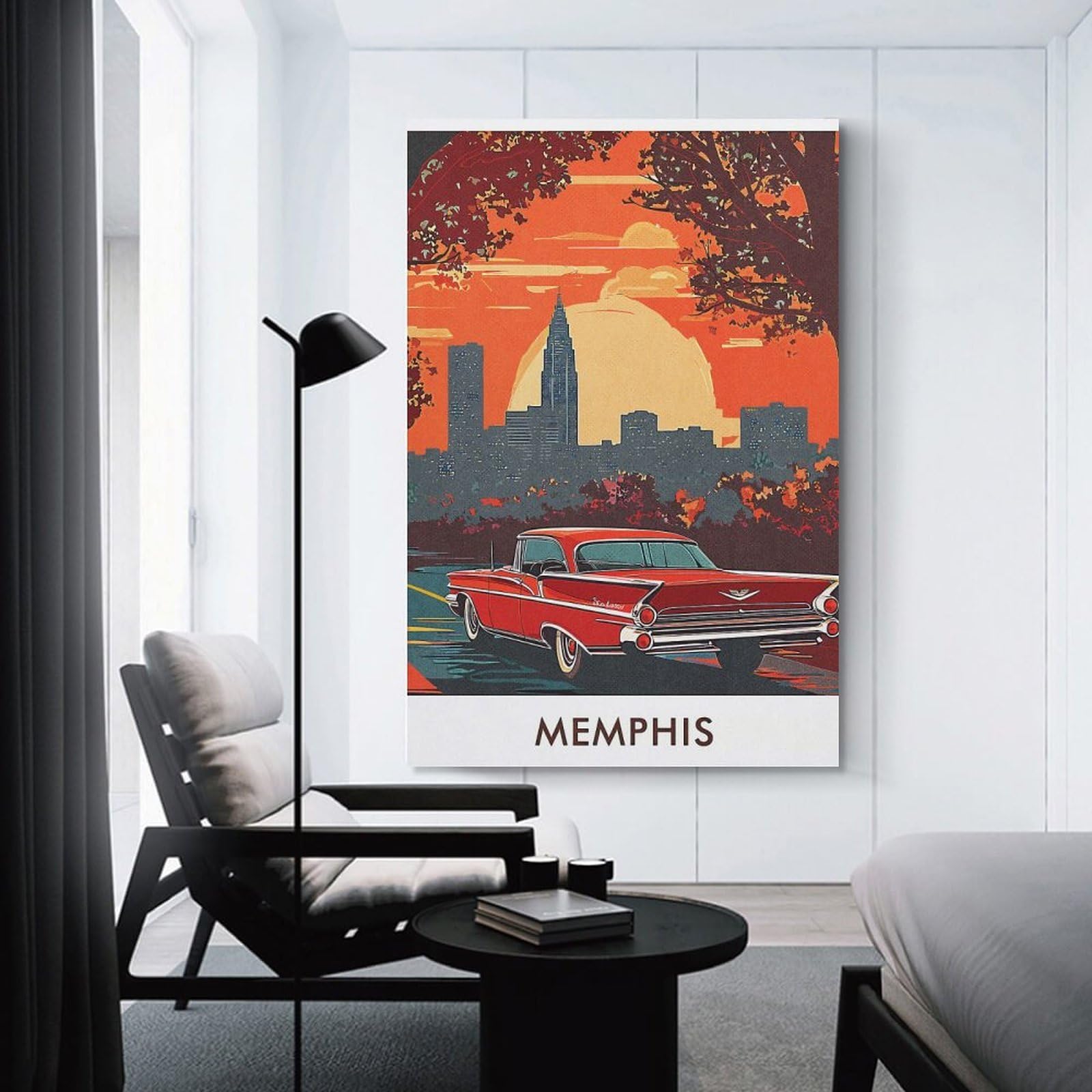 Junmoney Decorative Wall Artwork Memphis Cityscape with Classic Car, 20x30inch(50x75cm), for Living Room, Bedroom Or Apartment Walls, Decorative Artwork for Empty Walls