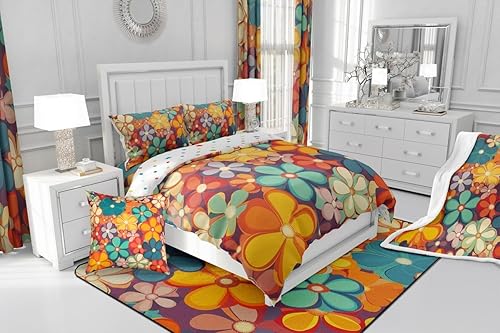 Miniatura 7 de Erosebridal Groovy - Juego de ropa de cama de flores tamaño matrimonial de los años 70, juego de ropa de cama de fiesta con estampado floral arco