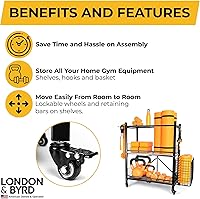 Vista 5 de London & Byrd - No Assembly - Home Gym Storage Rack. Steel Construction, Heavy Duty Wheels, with Basket and Hooks. Great for Home Gym Equipment