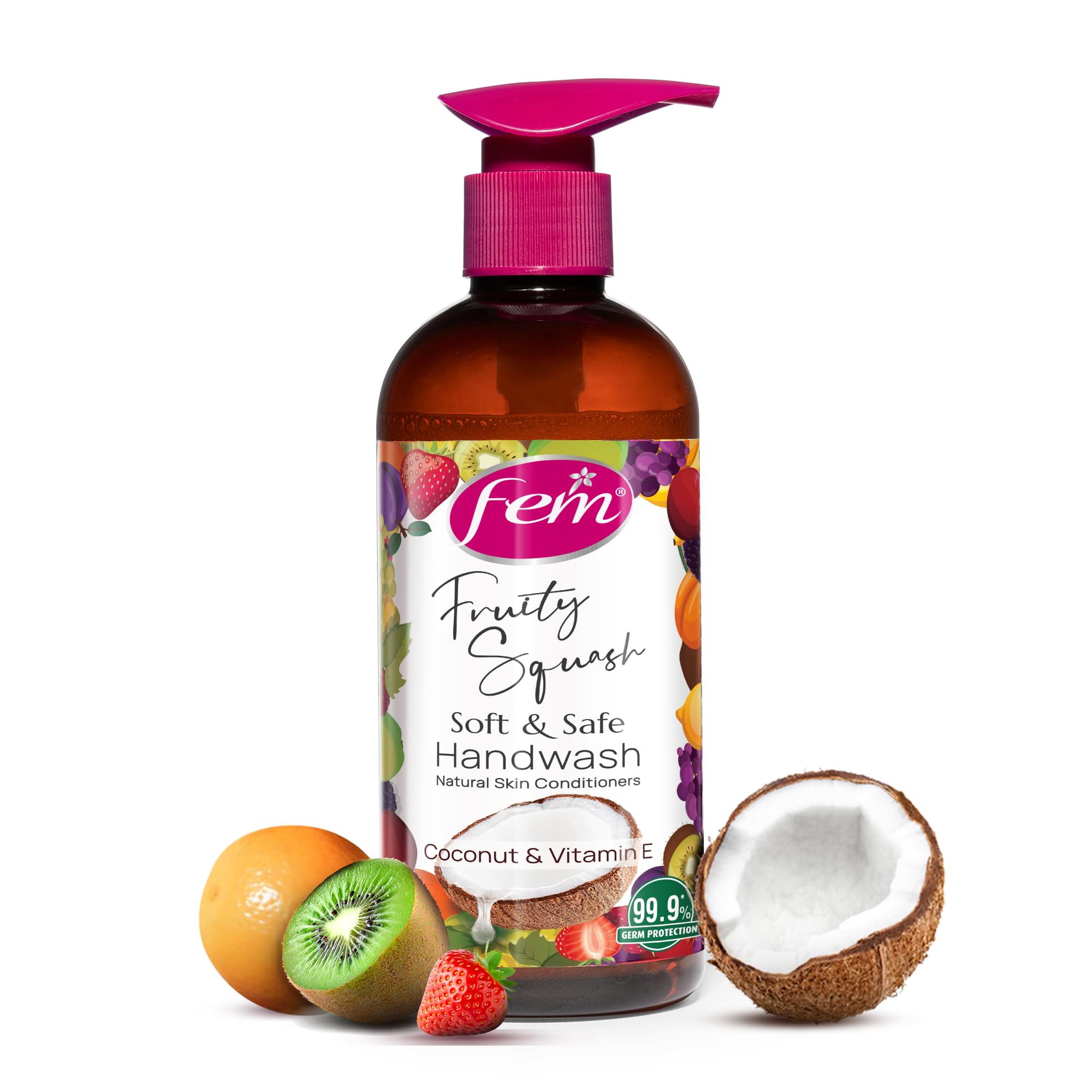 Fem Fruity Squash Soft & Safe Handwash - 250ml | Enriched with Goodness of Coconut Milk & Vitamin E | Long Lasting Fragrance