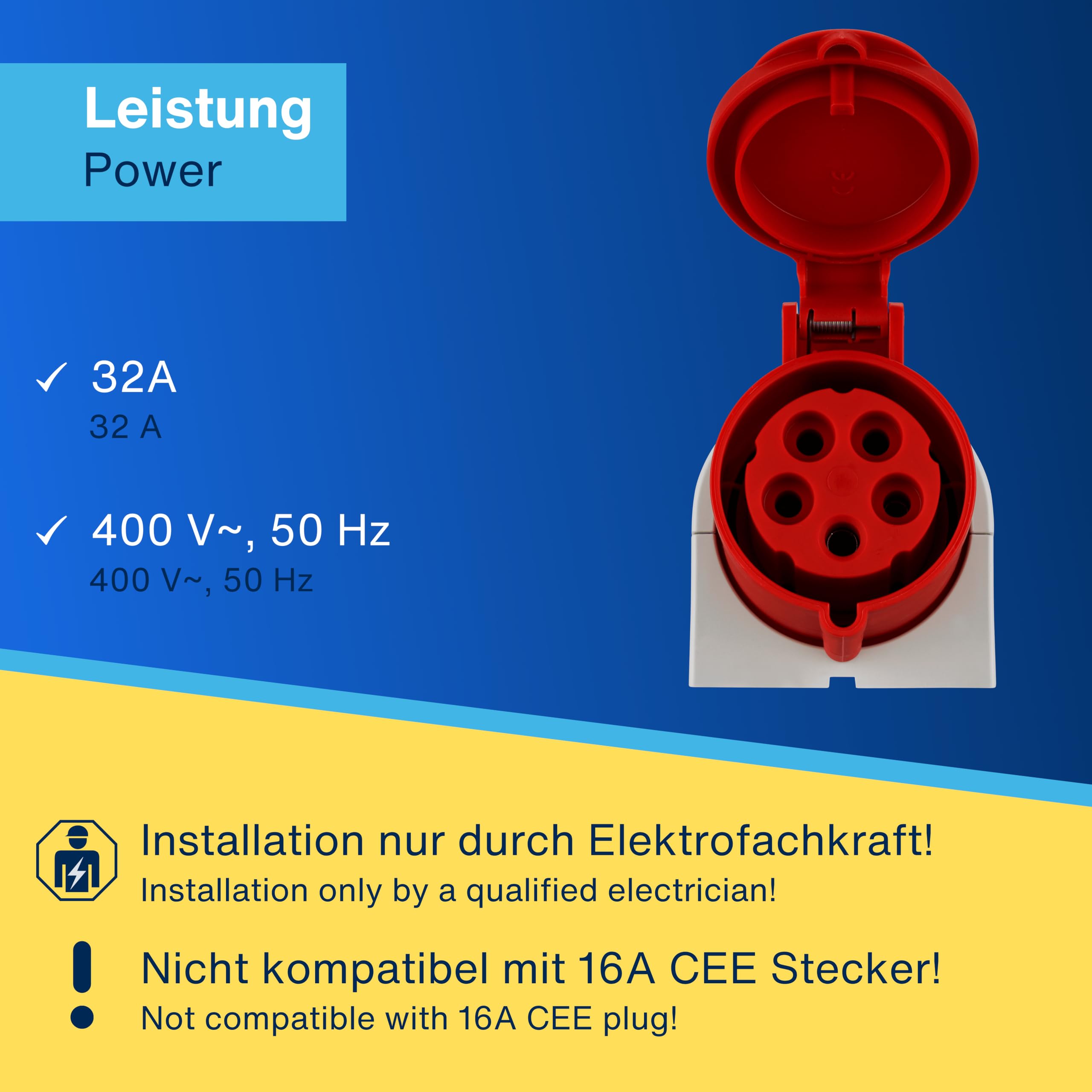 REV CEE gniazdko elektryczne, 400 V AC, 32 A, 5-biegunowe, 3Ph + N + PE, IP44, czerwone