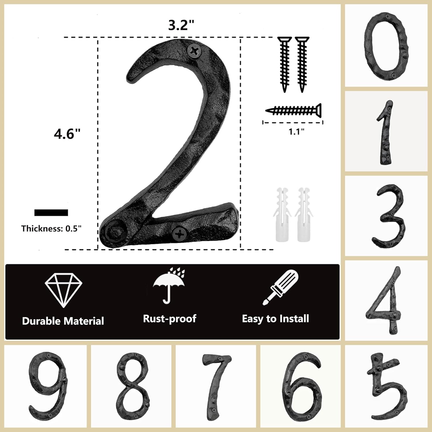 Black 3D Cast Iron House Numbers, 5 Inch Address Number with Wrought Iron Nails Decoration for Outside, Solid Rustic Metal Number Sign, Black #2