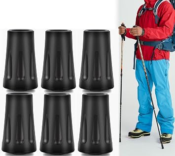 6-Pack Heavy Duty Walking Stick Tips - Reinforced Rubber Ferrules for Trekking Poles, Hiking Sticks & Canes - Universal Fit Non-Slip Replacement Caps