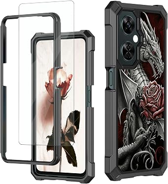 for OnePlus Nord N30 5G Case,Nord N30 5G Phone Case with Glass Screen Protector,Heavy Duty Rugged Hard PC & Soft TPU Shockproof Protective Phone Case for Nord N30 5G-Rose Dragon