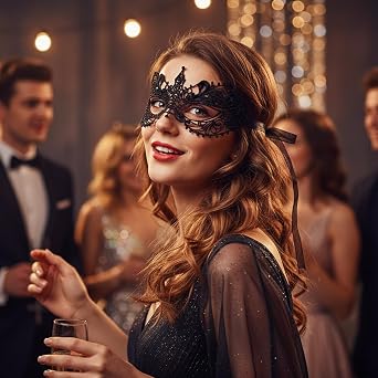 3Pcs Masquerade Mask Women, Lace Mask for Half Face, Venetian Style Party Masks Adults for Costume Balls, Prom, Carnival & Halloween Events(Gold, Black & White)