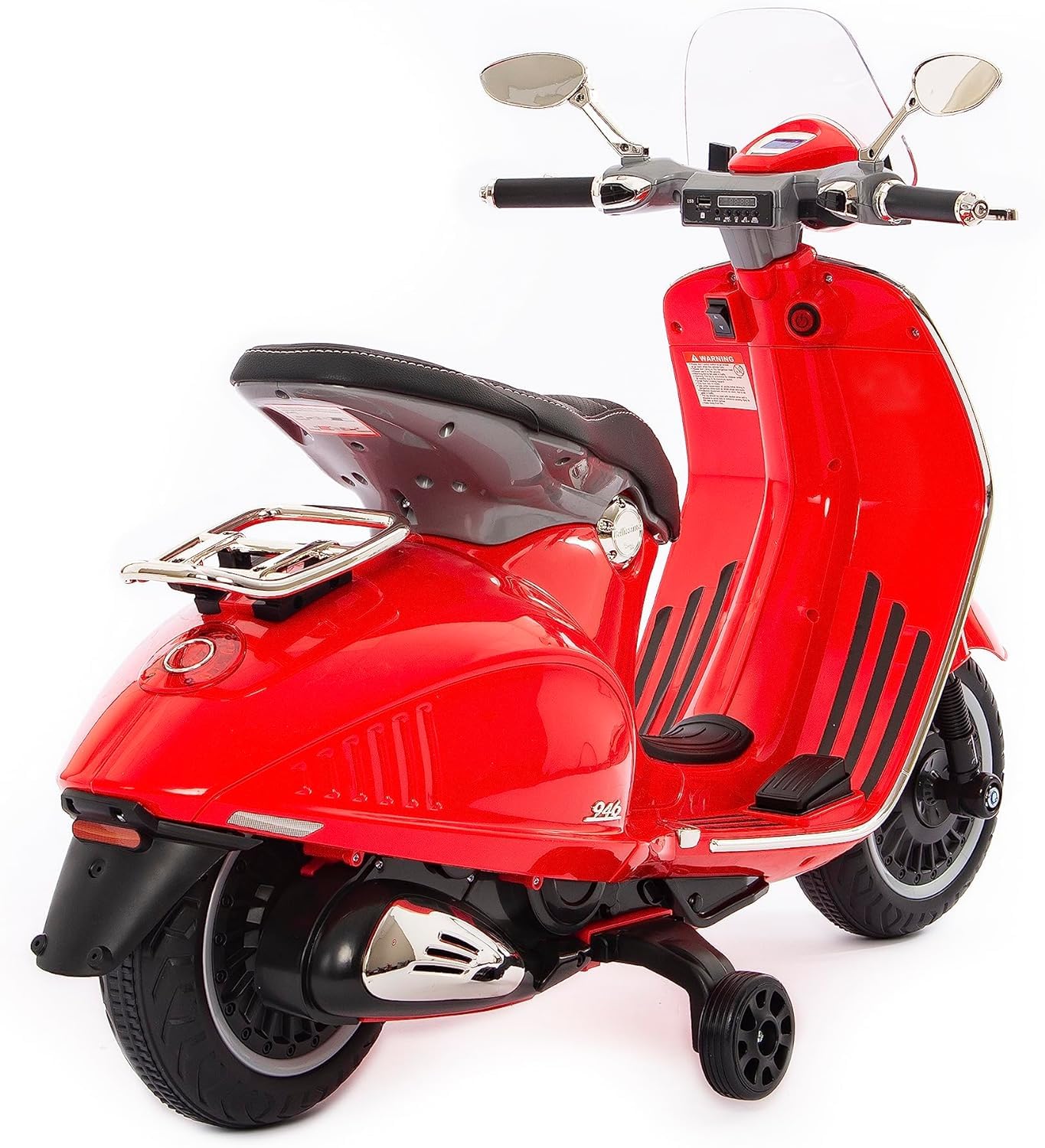 BabyCar Vespa Electrique Enfants | Moto Electrique Enfants 12V Style Vespa 946 avec Lumières, Sons Intégrés, MP3/USB et Roues Stabilisateur | 2 Moteurs de 25W avec Accélérateur à Pédale | Rouge