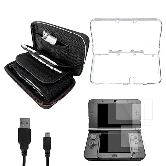 JDGPOKOO 5 in 1 Accessories Kit for Nintendo New 3DS, Carrying Case for New 3DS, Clear Shell Case, 2 Set Screen Protectors and Charging Cable Compatible with New Nintendo 3DS ONLY