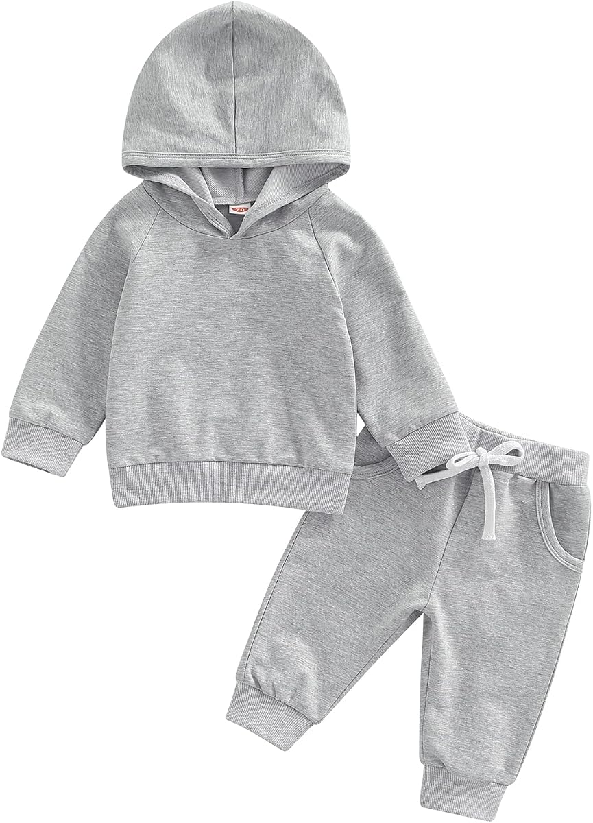 Thorn Tree Infant Baby Boys Pants Set Hooded Solid Sweatshirt Top Pocket Elastic Waist Pants 2Pcs Outfits Fall Winter Suit