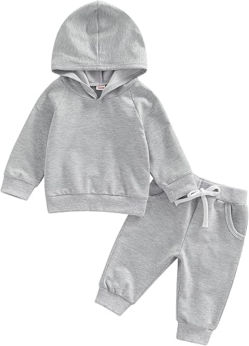 Thorn Tree Conjunto de Pantalones para Bebés y Niños, Sudadera con Capucha Sólida con Bolsillo Superior, Pantalones de Cintura Elástica, 2 Piezas,